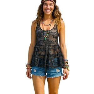 Love 2 Be Loved Medium Sheer Black Lace Metallic Tank Top Festival Rave Sexy